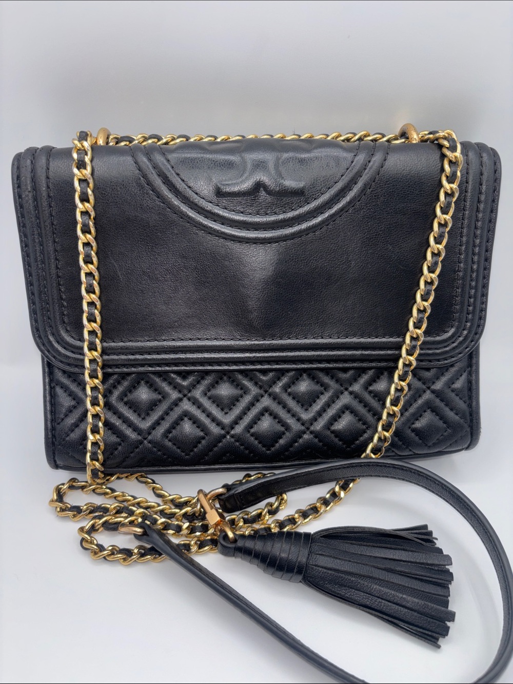Tory Burch Black Quilted Leather Chain Crossbody with Tassel